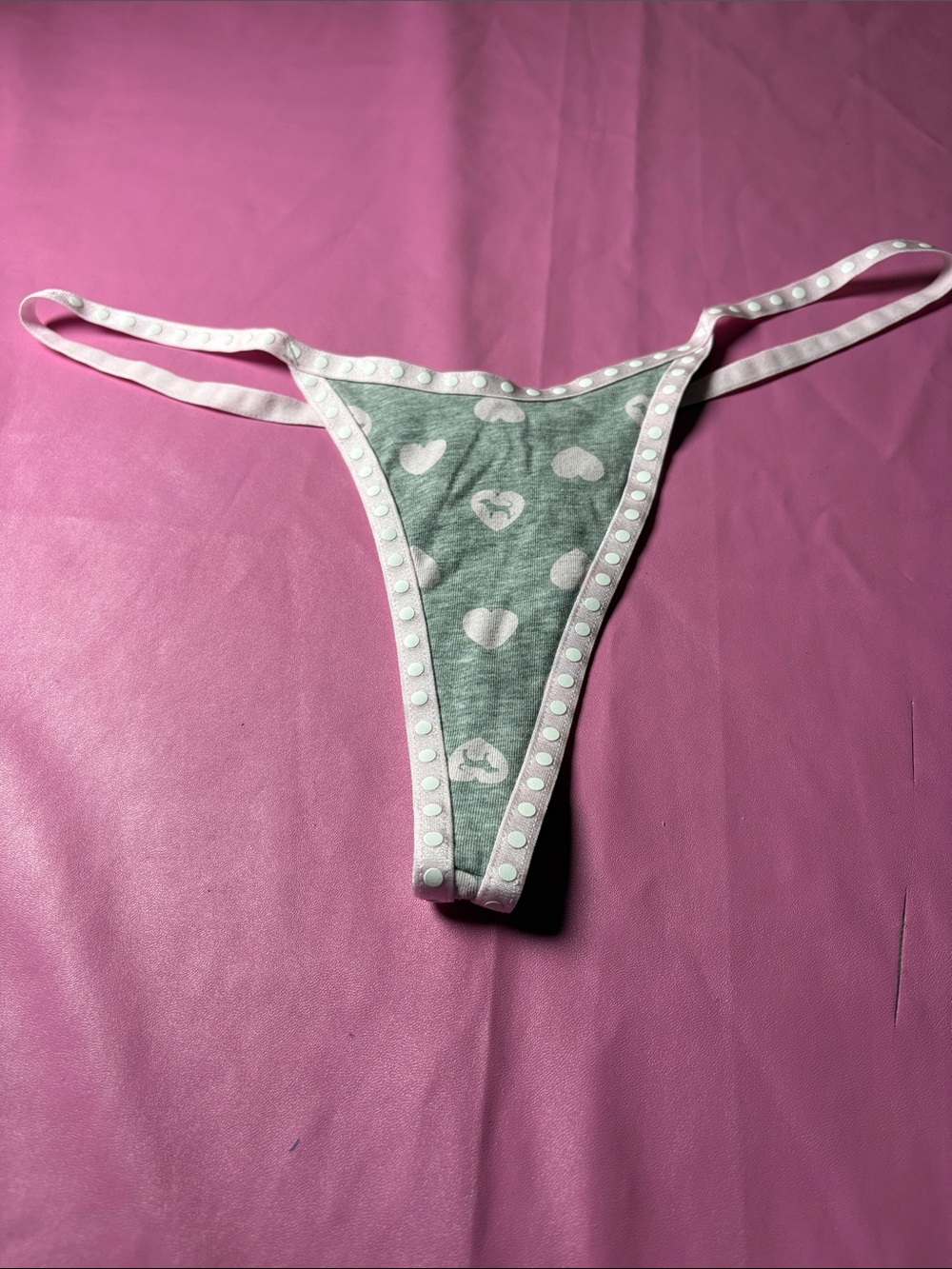 PINK Victoria's Secret Gray Heart Print Thong with Pink Trim